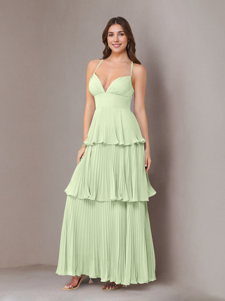 A-Line/Princess Spaghetti Straps Sleeveless Floor-Length Chiffon Bridesmaid Dresses with Pleated