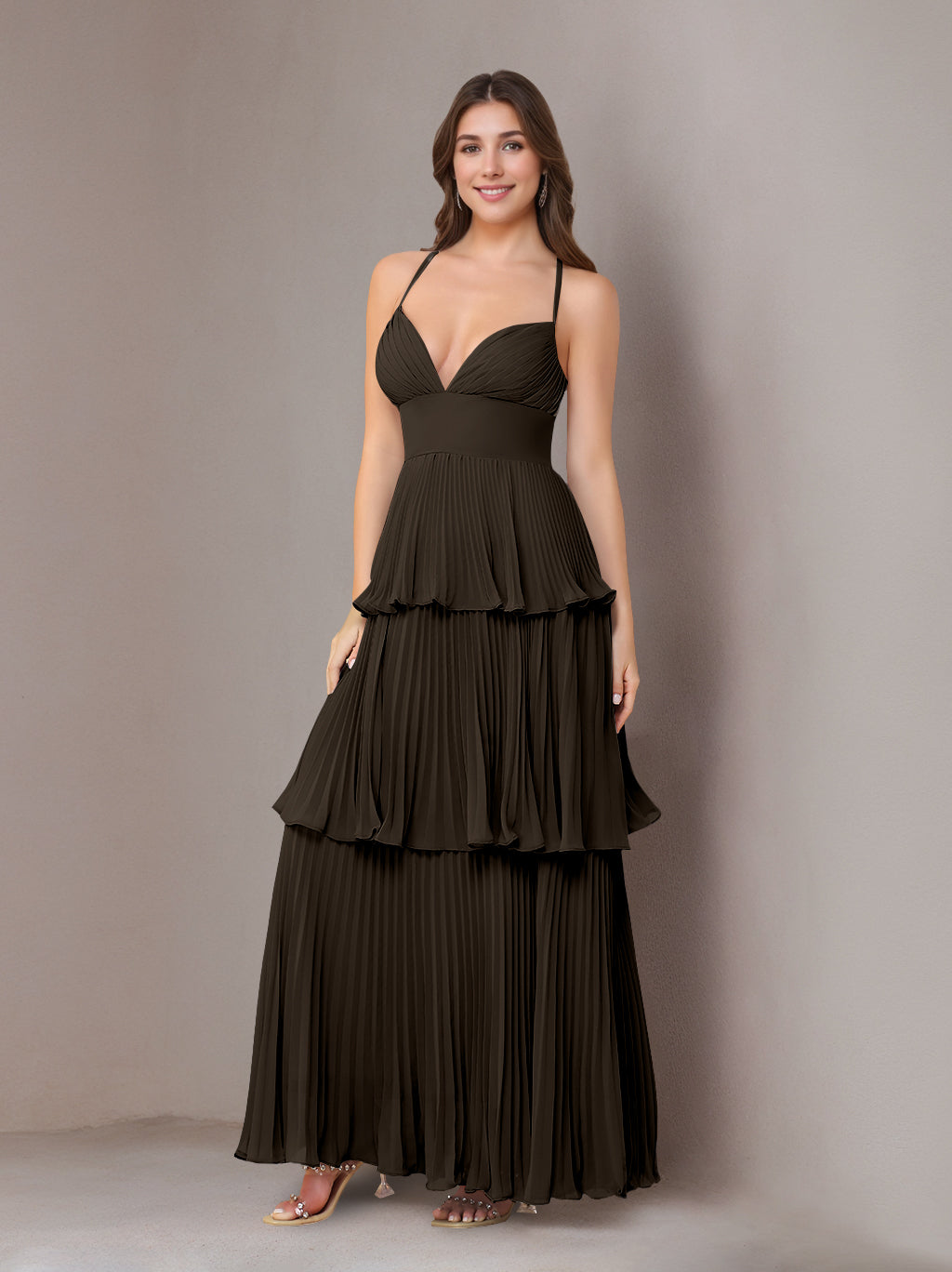 A-Line/Princess Spaghetti Straps Sleeveless Floor-Length Chiffon Bridesmaid Dresses with Pleated