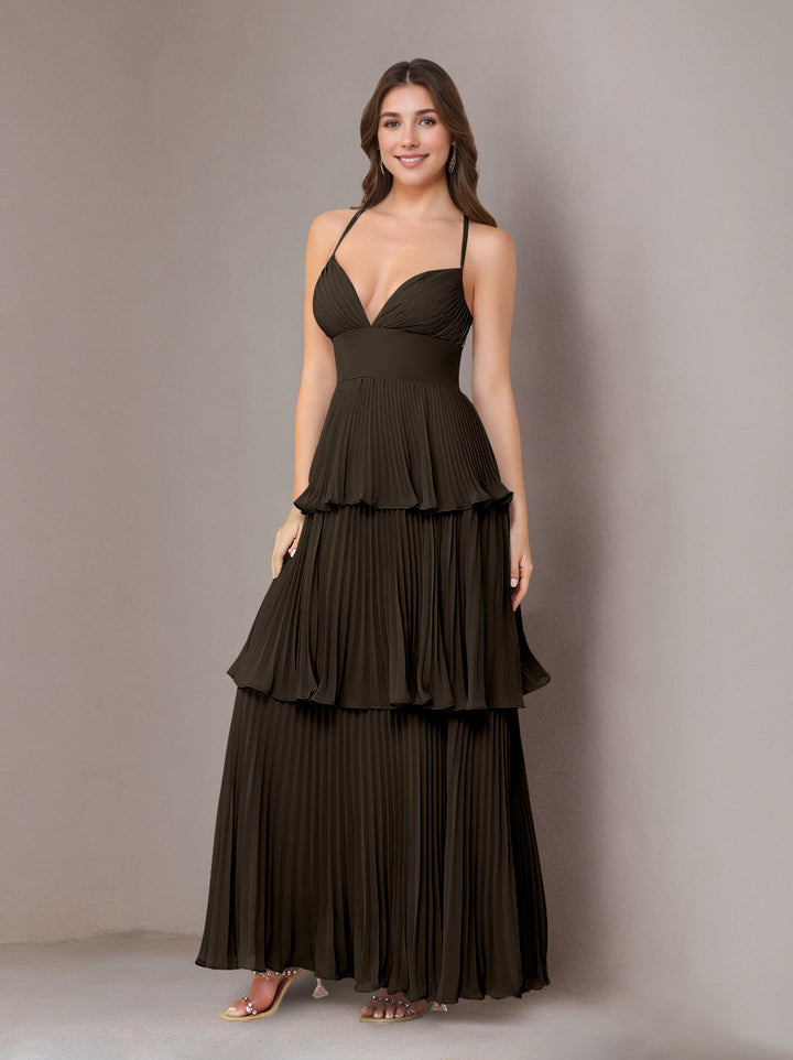 A-Line/Princess Spaghetti Straps Sleeveless Floor-Length Chiffon Bridesmaid Dresses with Pleated