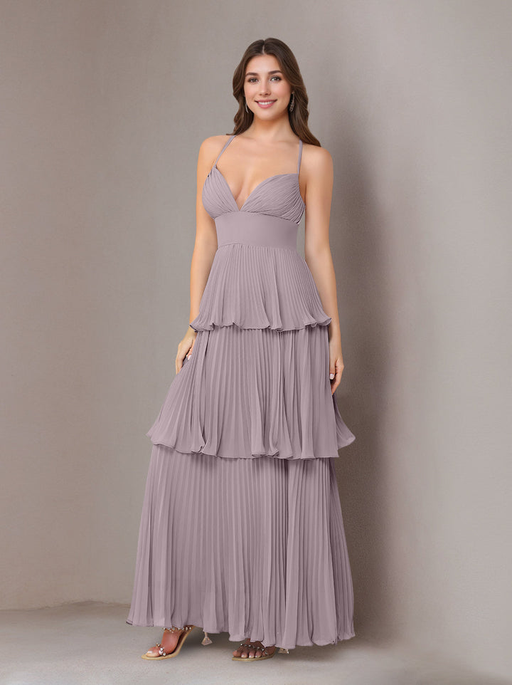 A-Line/Princess Spaghetti Straps Sleeveless Floor-Length Chiffon Bridesmaid Dresses with Pleated