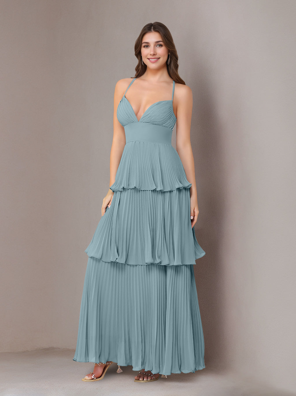 A-Line/Princess Spaghetti Straps Sleeveless Floor-Length Chiffon Bridesmaid Dresses with Pleated