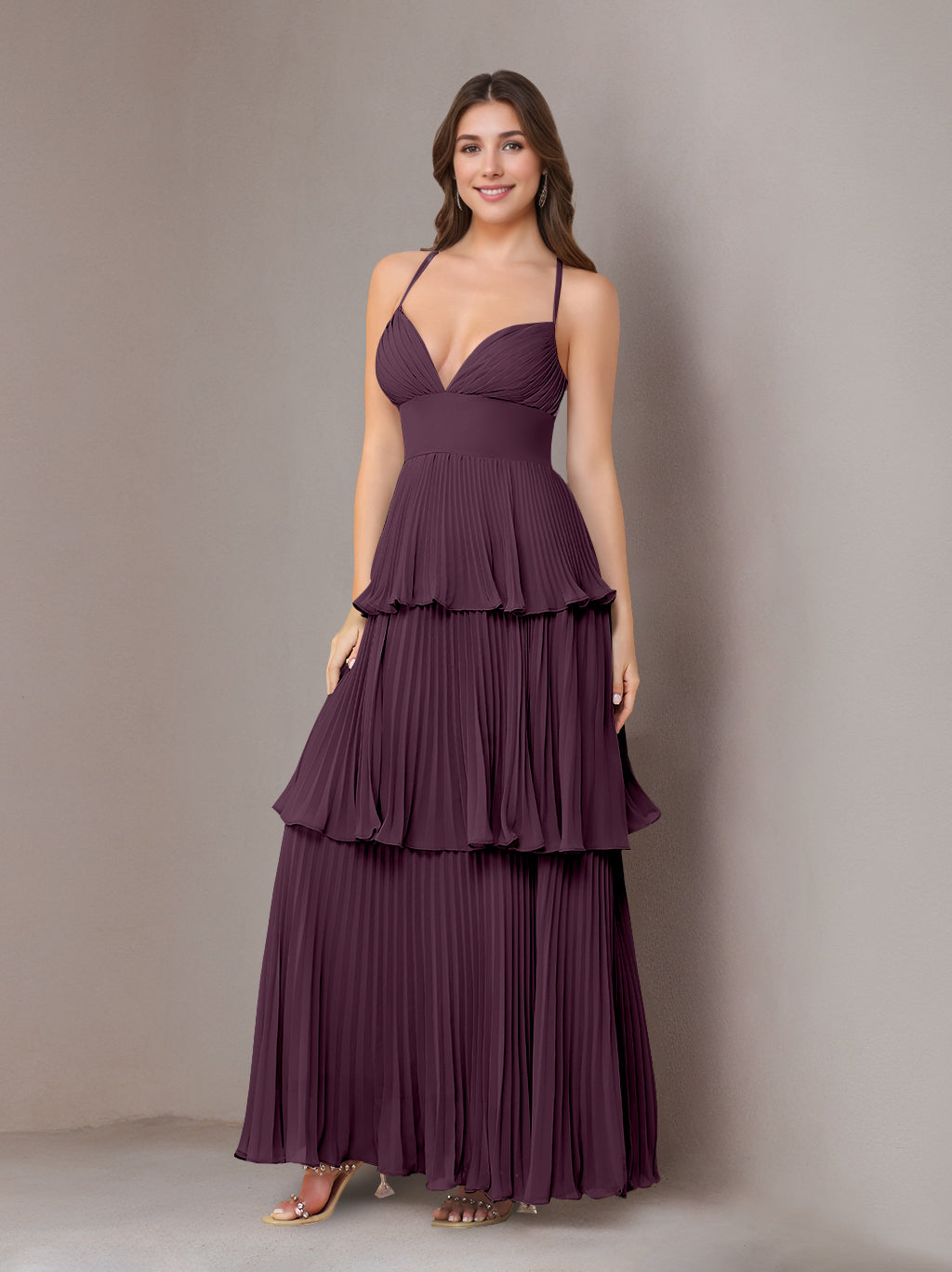 A-Line/Princess Spaghetti Straps Sleeveless Floor-Length Chiffon Bridesmaid Dresses with Pleated
