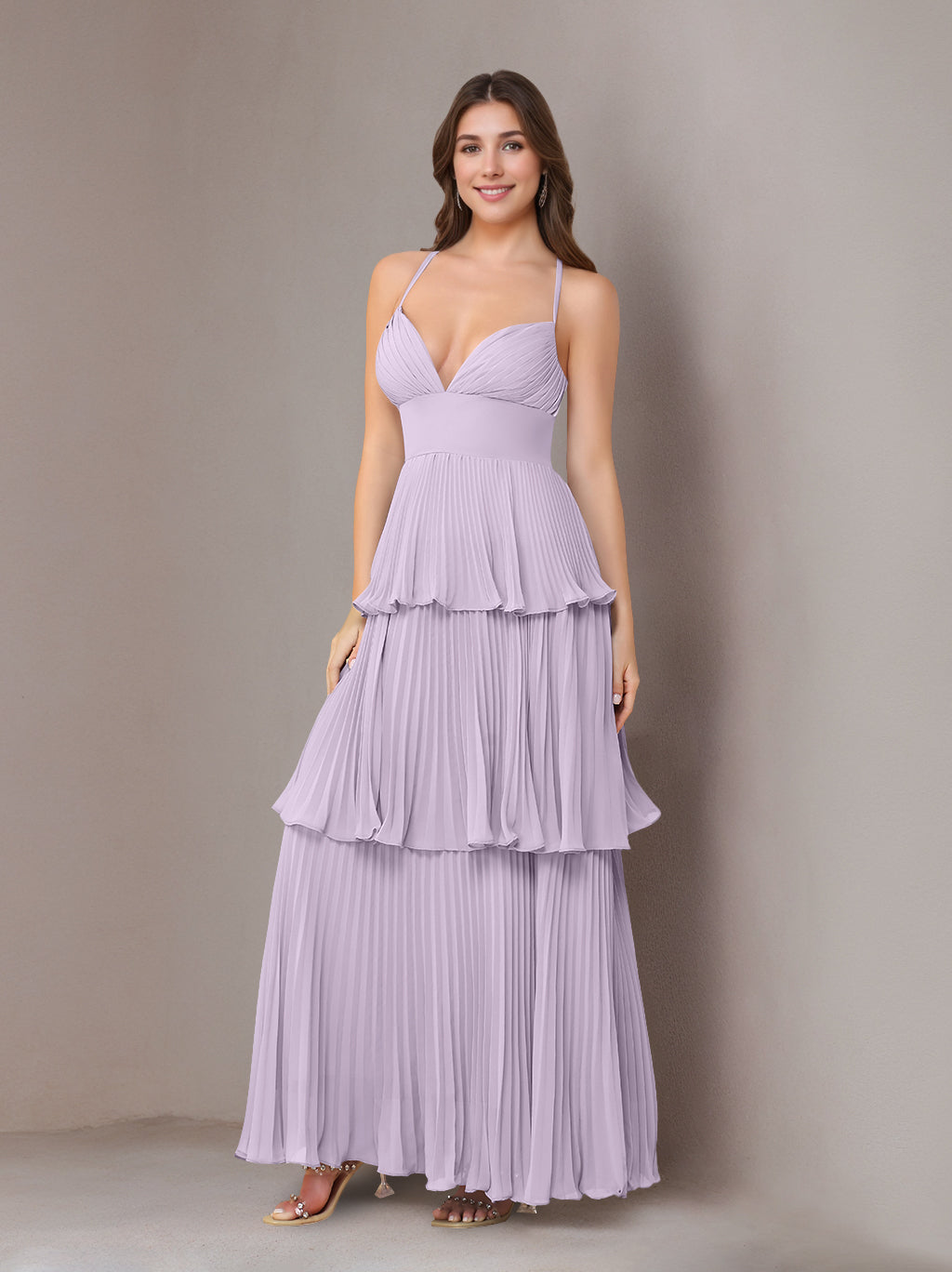 A-Line/Princess Spaghetti Straps Sleeveless Floor-Length Chiffon Bridesmaid Dresses with Pleated
