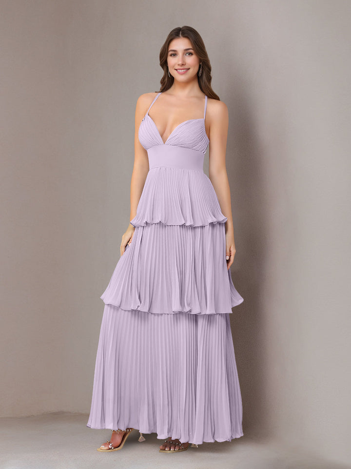 A-Line/Princess Spaghetti Straps Sleeveless Floor-Length Chiffon Bridesmaid Dresses with Pleated