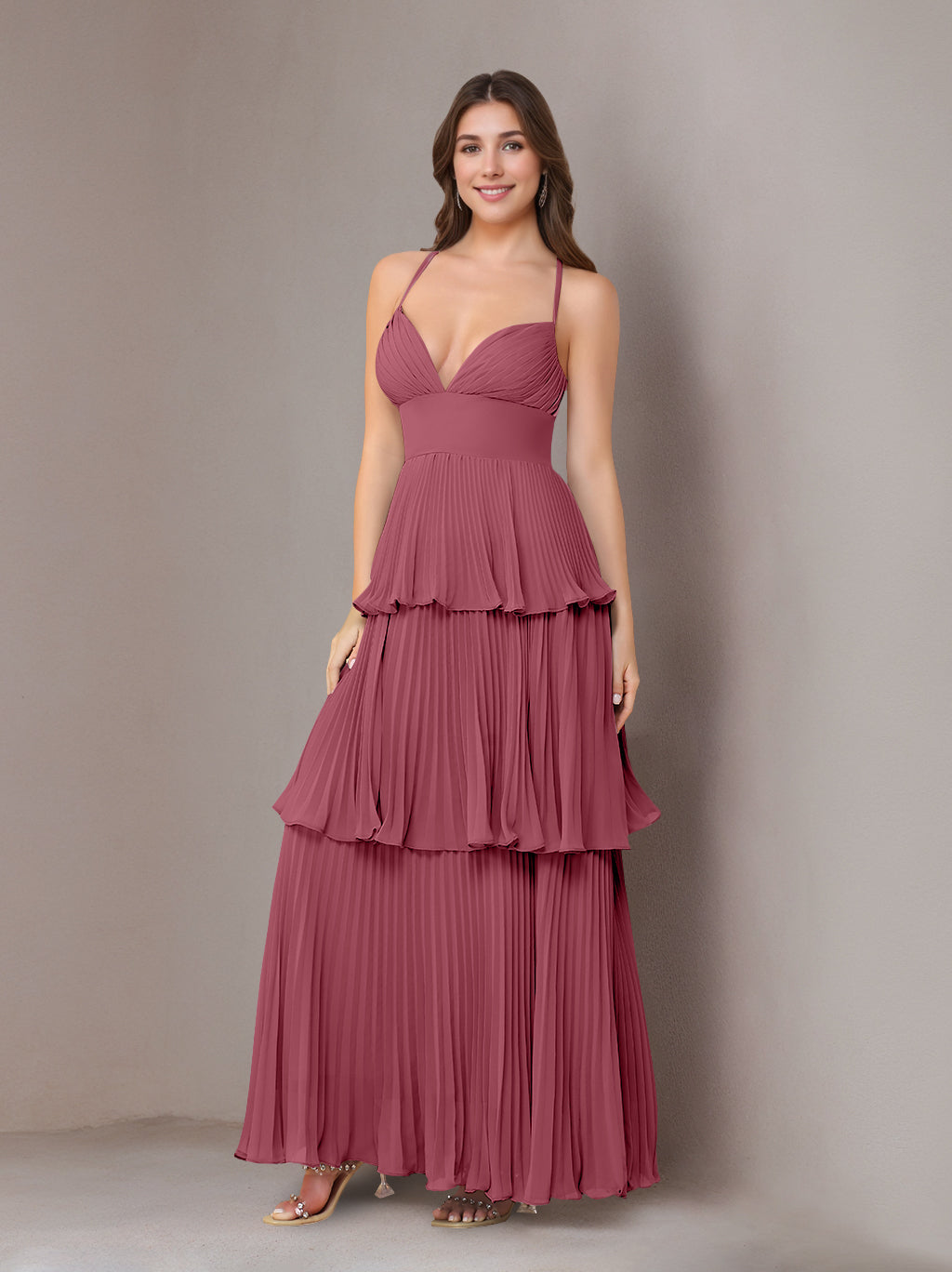 A-Line/Princess Spaghetti Straps Sleeveless Floor-Length Chiffon Bridesmaid Dresses with Pleated