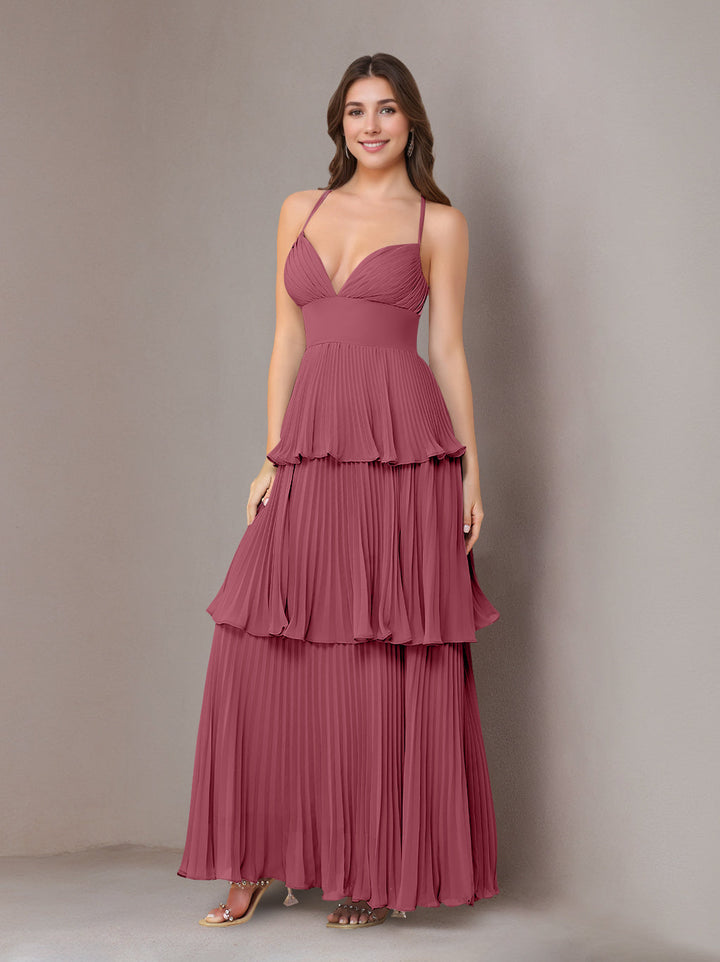 A-Line/Princess Spaghetti Straps Sleeveless Floor-Length Chiffon Bridesmaid Dresses with Pleated