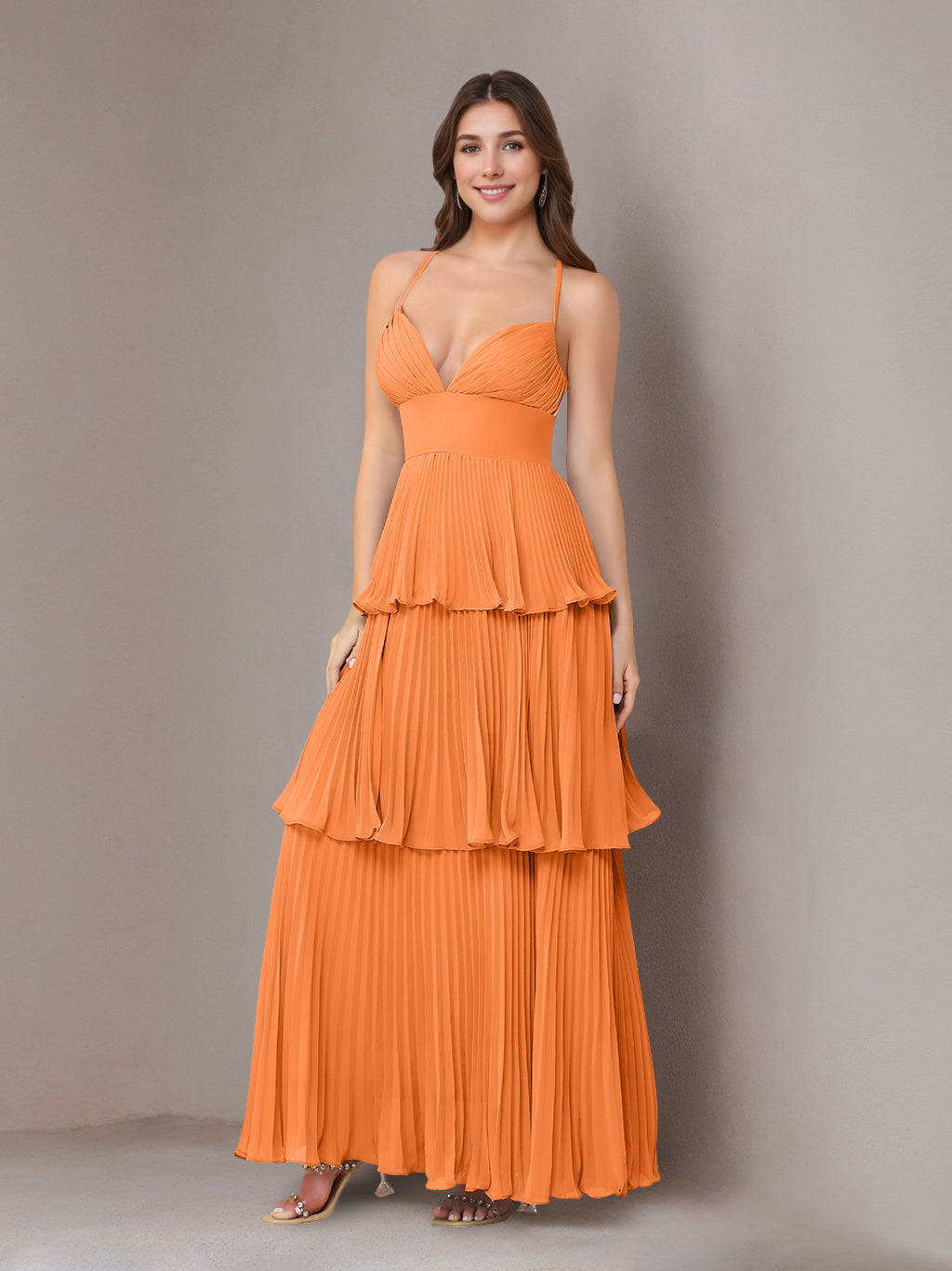 A-Line/Princess Spaghetti Straps Sleeveless Floor-Length Chiffon Bridesmaid Dresses with Pleated