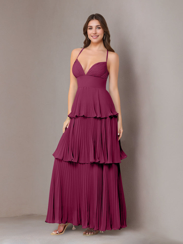 A-Line/Princess Spaghetti Straps Sleeveless Floor-Length Chiffon Bridesmaid Dresses with Pleated