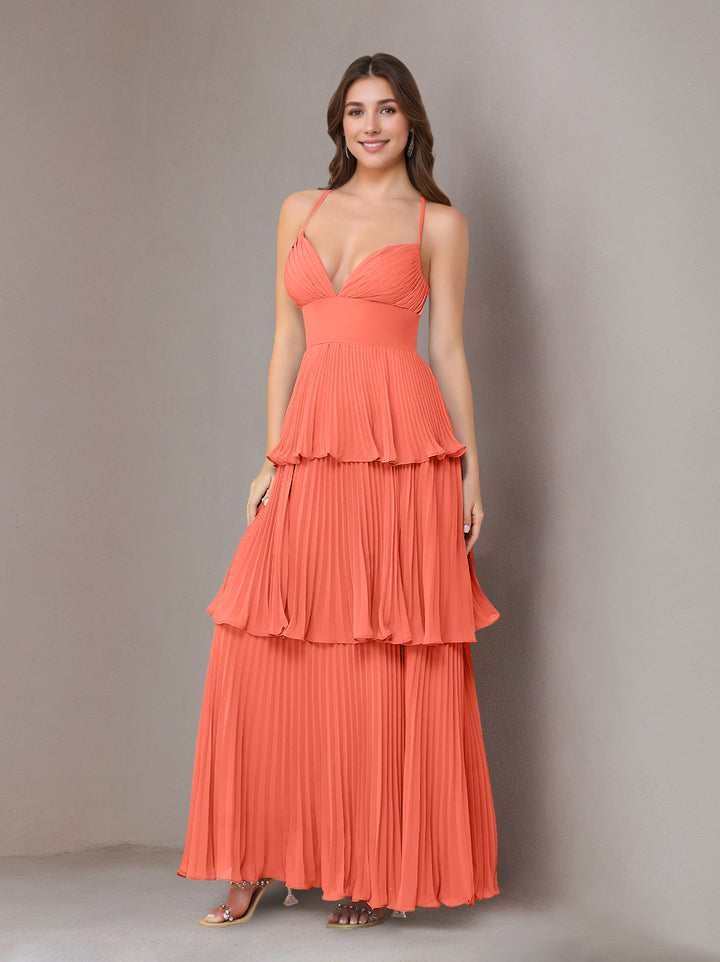 A-Line/Princess Spaghetti Straps Sleeveless Floor-Length Chiffon Bridesmaid Dresses with Pleated