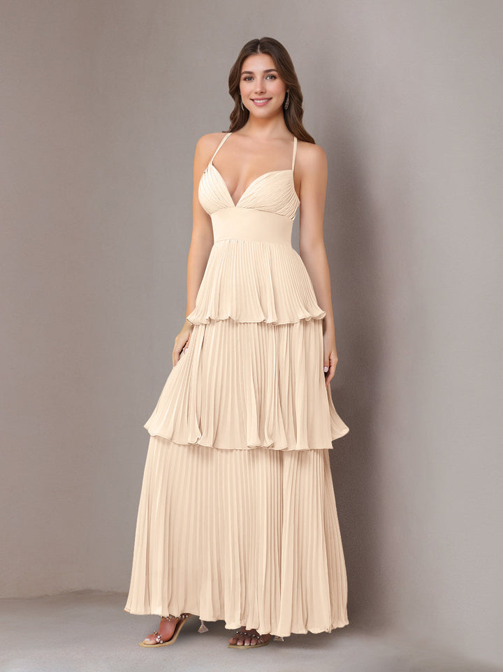 A-Line/Princess Spaghetti Straps Sleeveless Floor-Length Chiffon Bridesmaid Dresses with Pleated