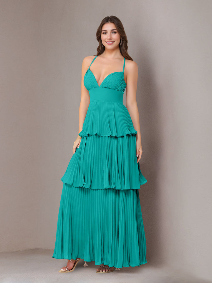 A-Line/Princess Spaghetti Straps Sleeveless Floor-Length Chiffon Bridesmaid Dresses with Pleated