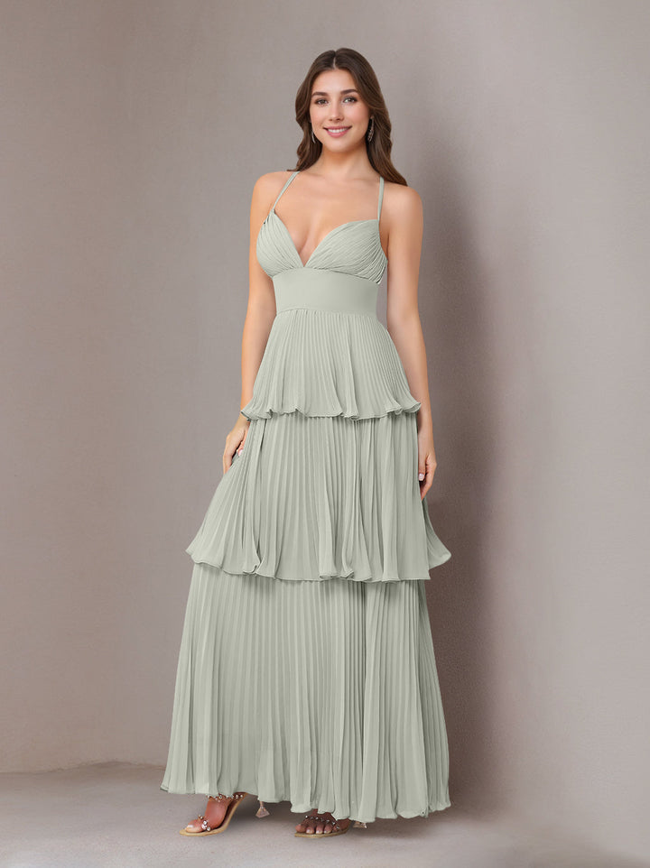 A-Line/Princess Spaghetti Straps Sleeveless Floor-Length Chiffon Bridesmaid Dresses with Pleated
