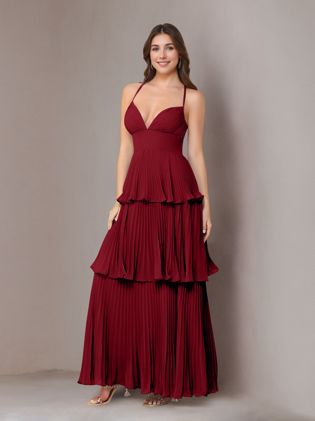 A-Line/Princess Spaghetti Straps Sleeveless Floor-Length Chiffon Bridesmaid Dresses with Pleated