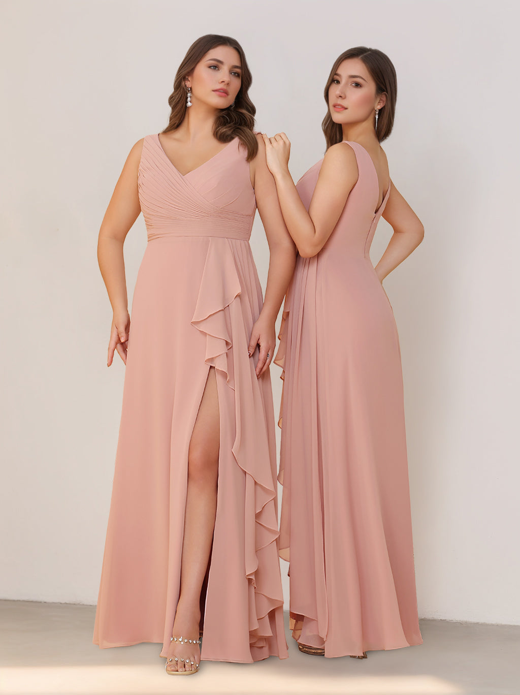 A-Line/Princess V-Neck Sleeveless Floor-Length Chiffon Bridesmaid Dresses with Ruffles & Split Side