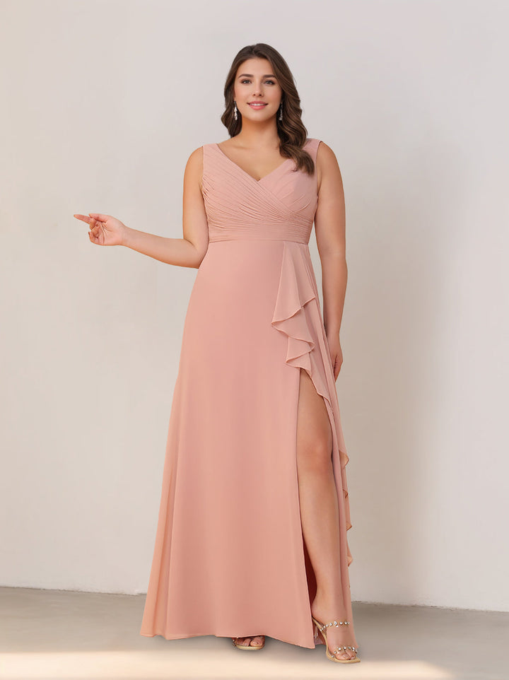 A-Line/Princess V-Neck Sleeveless Floor-Length Chiffon Plus Size Bridesmaid Dresses with Ruffles & Split Side