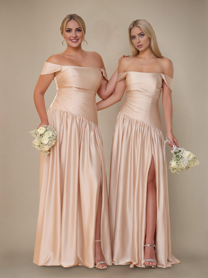A-Line/Princess Off-the-Shoulder Sleeveless Floor-Length Silk Satin Bridesmaid Dresses with Pleated & Split Side