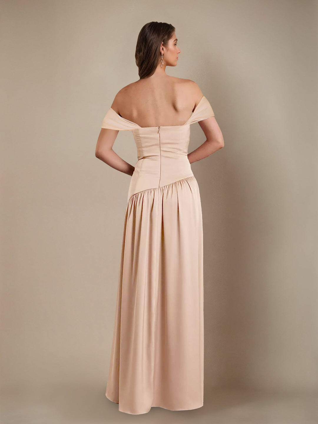 A-Line/Princess Off-the-Shoulder Sleeveless Floor-Length Silk Satin Bridesmaid Dresses with Pleated & Split Side