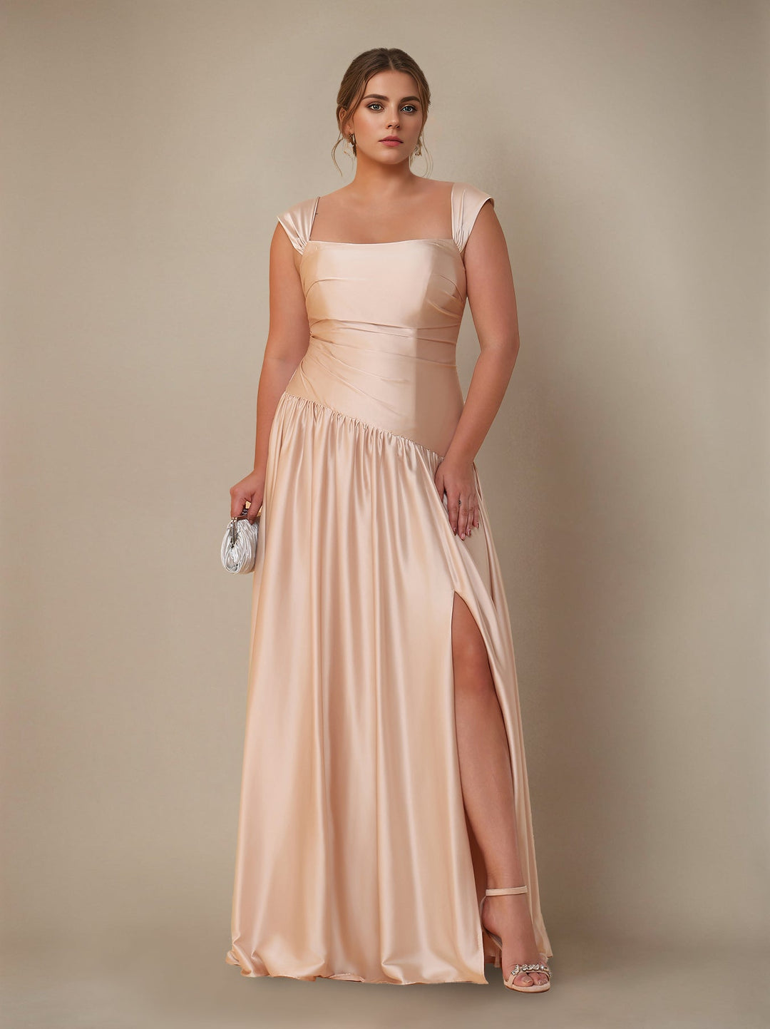 A-Line/Princess Off-the-Shoulder Sleeveless Floor-Length Silk Satin Plus Size Bridesmaid Dresses with Pleated & Split Side
