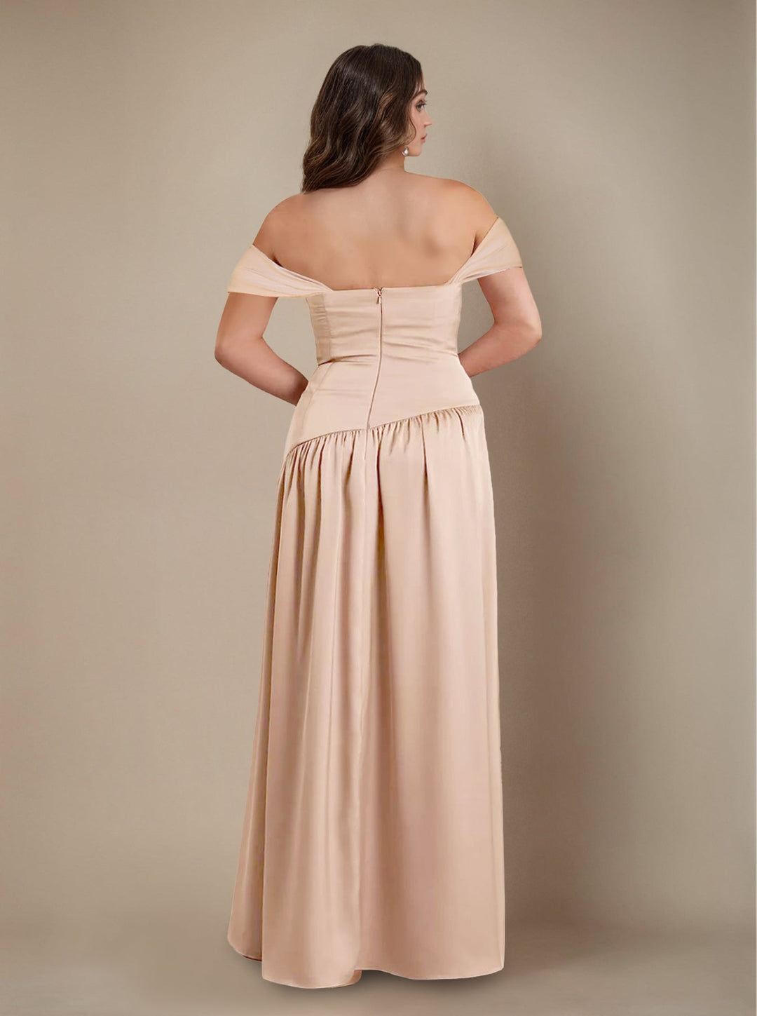 A-Line/Princess Off-the-Shoulder Sleeveless Floor-Length Silk Satin Plus Size Bridesmaid Dresses with Pleated & Split Side