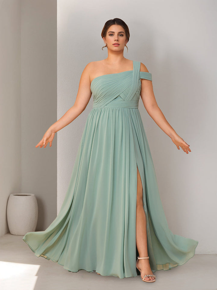 A-Line/Princess One-Shoulder Sleeveless Floor-Length Plus Size Bridesmaid Dresses with Split Side & Ruched