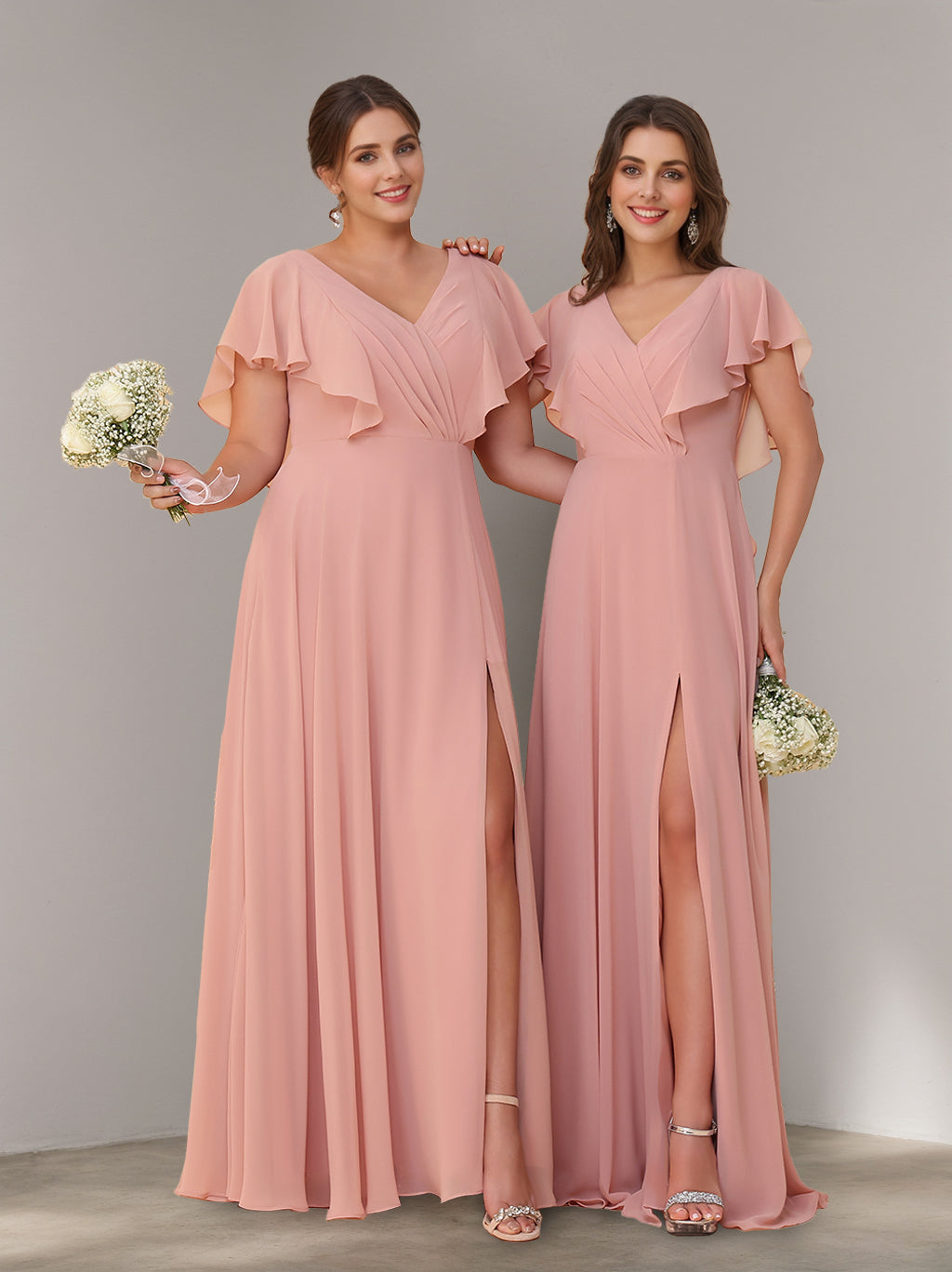 A-Line/Princess V-Neck Short Sleeves Chiffon Floor-Length Bridesmaid Dresses with Split Side & Ruched