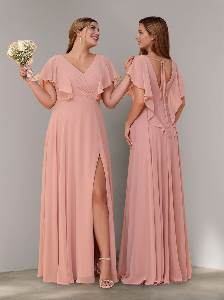 A-Line/Princess V-Neck Short Sleeves Chiffon Floor-Length Bridesmaid Dresses with Split Side & Ruched