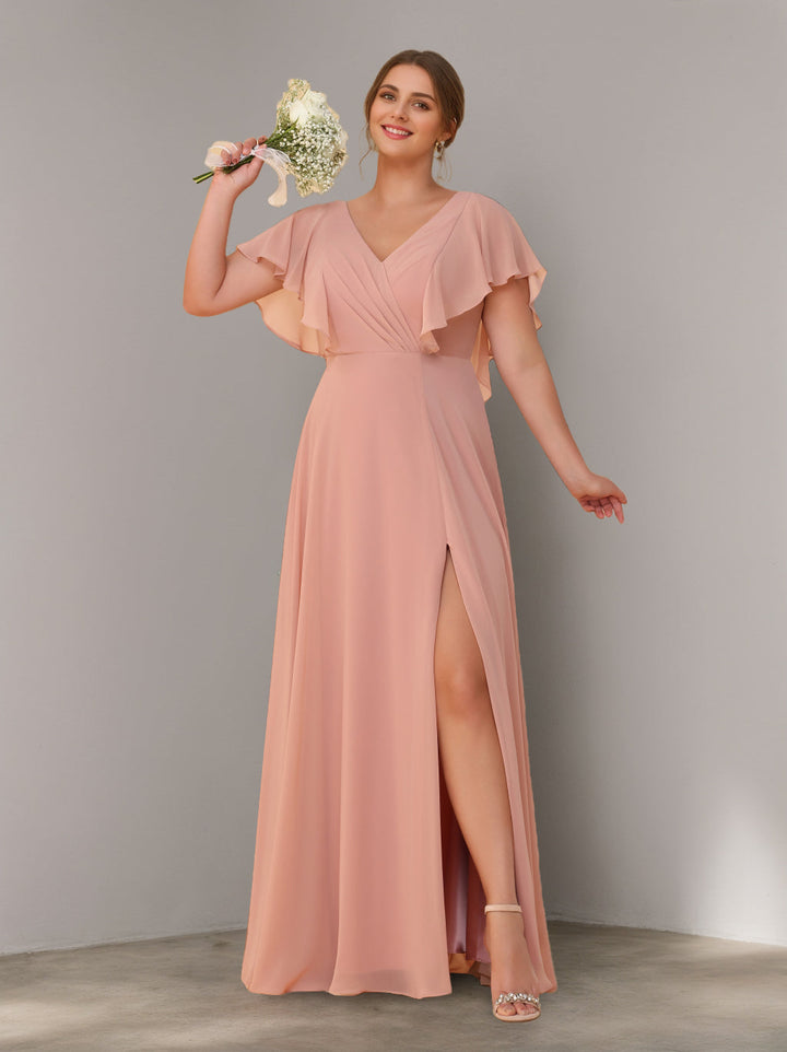 A-Line/Princess V-Neck Short Sleeves Chiffon Floor-Length Plus Size Bridesmaid Dresses with Split Side & Ruched