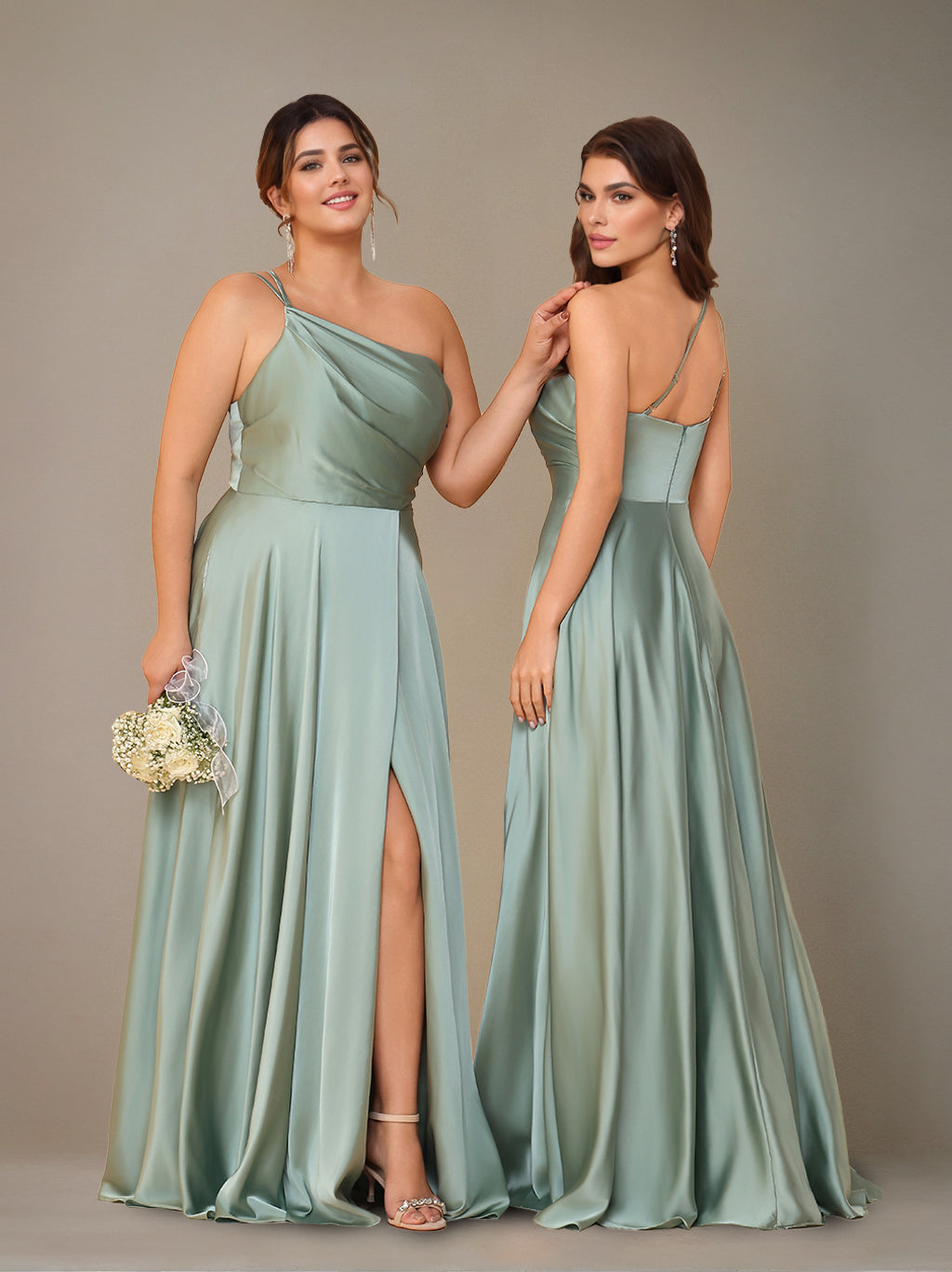 A-Line/Princess Spaghetti Straps Sleeveless Floor-Length Silk Satin Long Plus Size Bridesmaid Dresses with Ruched & Split Side