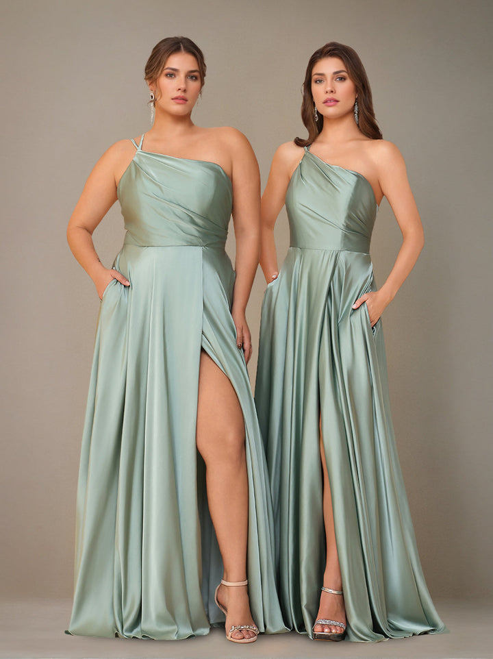 A-Line/Princess Spaghetti Straps Sleeveless Floor-Length Silk Satin Long Bridesmaid Dresses with Ruched & Split Side