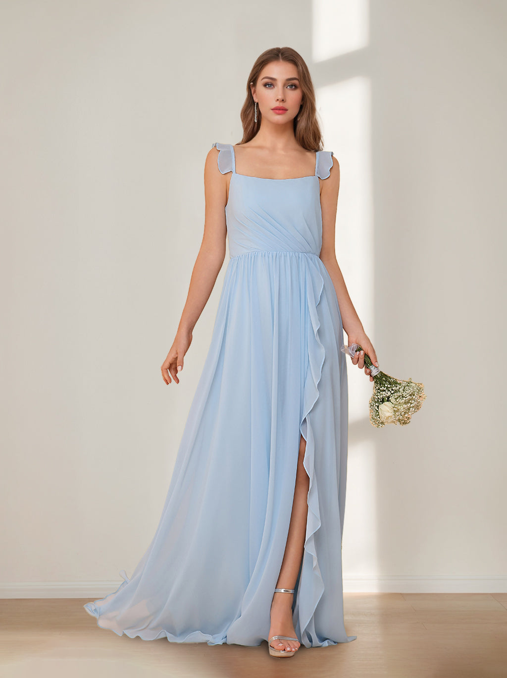 A-Line/Princess Square Neck Sleeveless Floor-Length Chiffon Bridesmaid Dresses with Split Side & Ruffles