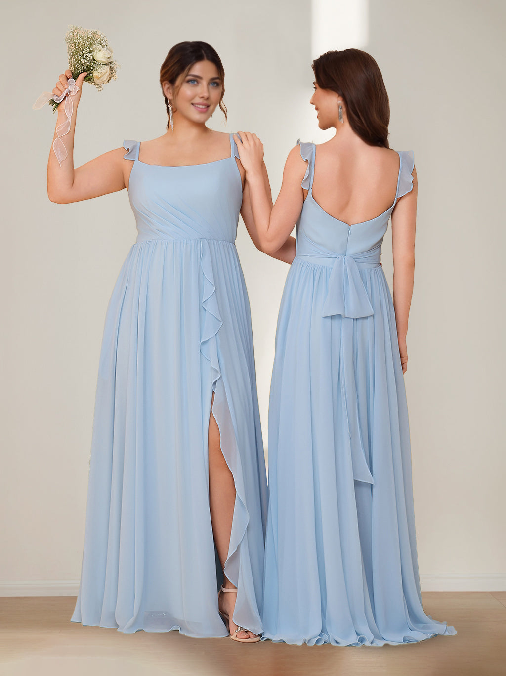A-Line/Princess Square Neck Sleeveless Floor-Length Chiffon Plus Size Bridesmaid Dresses with Split Side & Ruffles