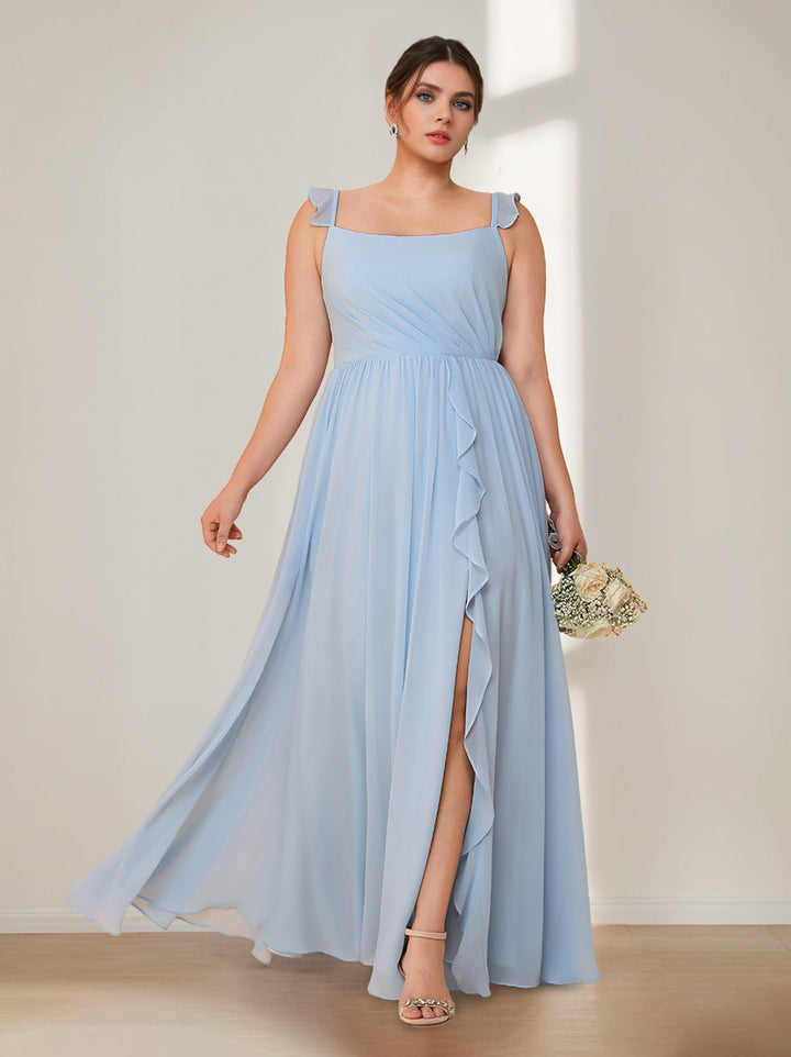 A-Line/Princess Square Neck Sleeveless Floor-Length Chiffon Plus Size Bridesmaid Dresses with Split Side & Ruffles