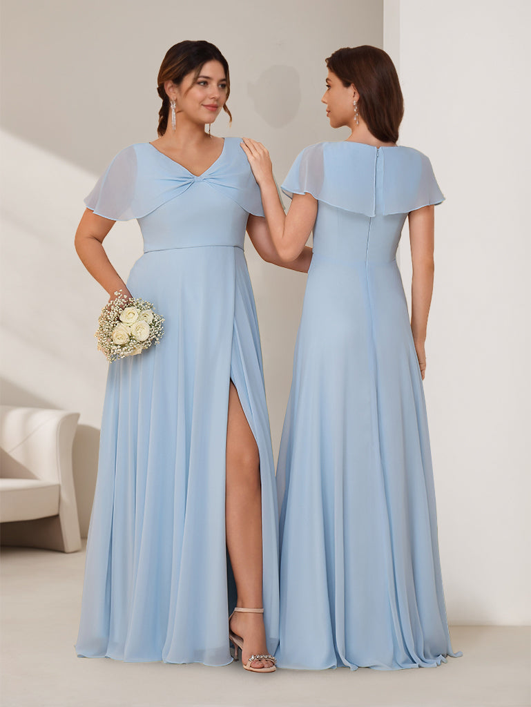 A-Line/Princess V-Neck Short Sleeves Floor-Length Plus Size Bridesmaid Dresses with Split Side