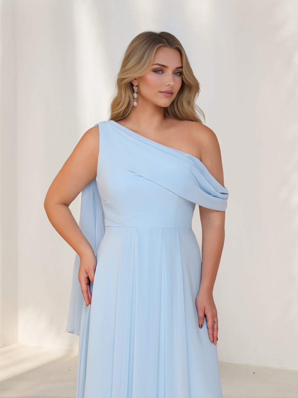 A-Line/Princess One-Shoulder Sleeveless Floor-Length Chiffon Plus Size Bridesmaid Dresses with Watteau Train