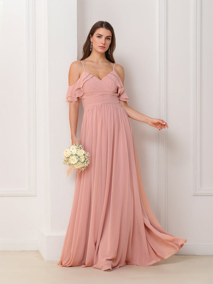 A-Line/Princess V-Neck Spaghetti Straps Sleeveless Floor-Length Chiffon Bridesmaid Dresses with Ruffles