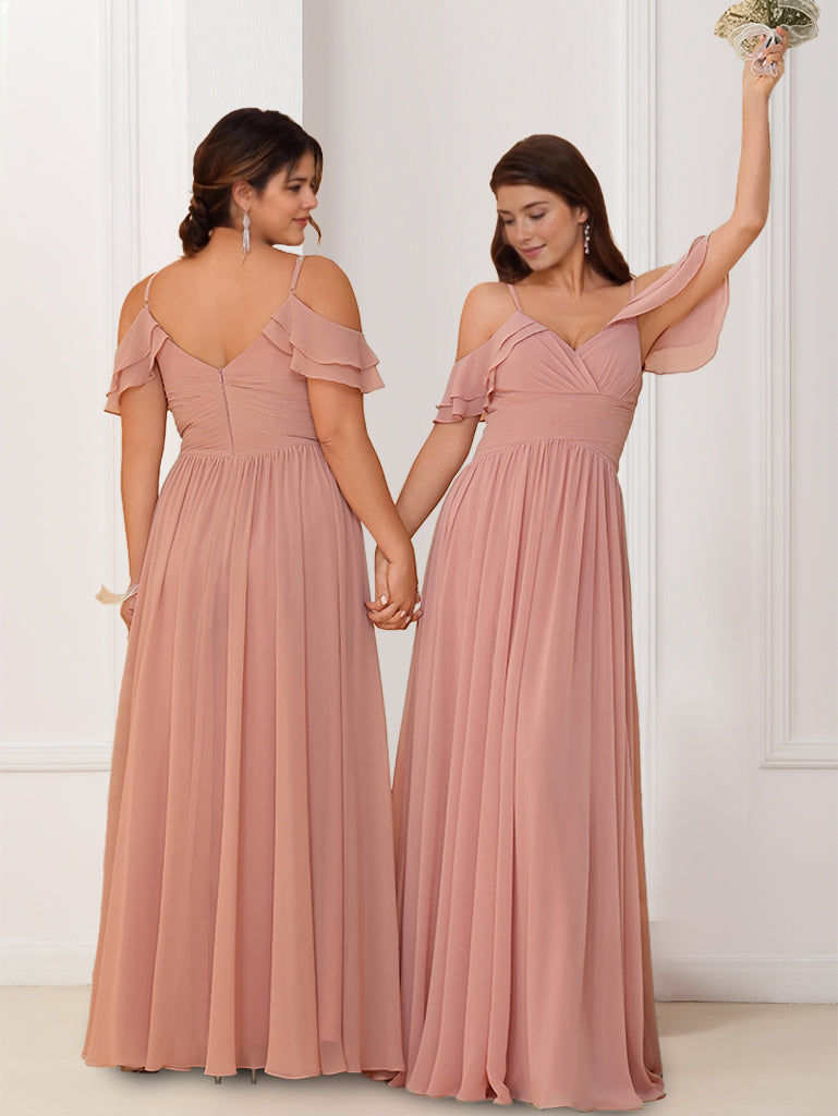 A-Line/Princess V-Neck Spaghetti Straps Sleeveless Floor-Length Chiffon Plus Size Bridesmaid Dresses with Ruffles