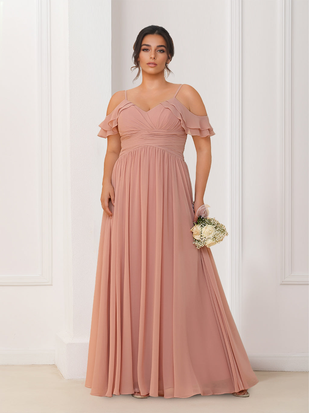 A-Line/Princess V-Neck Spaghetti Straps Sleeveless Floor-Length Chiffon Plus Size Bridesmaid Dresses with Ruffles