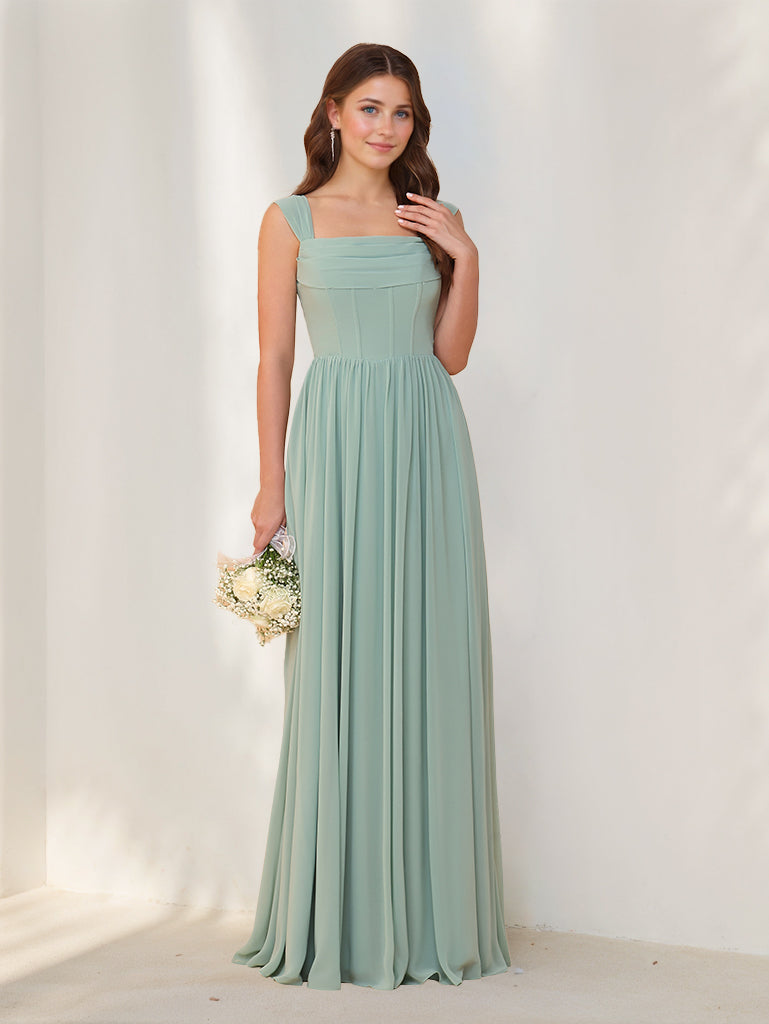 A-Line/Princess Square Neck Sleeveless Floor-Length Chiffon Bridesmaid Dresses with Pleats
