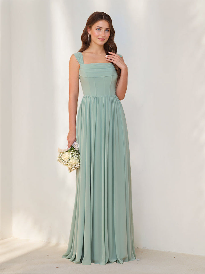 A-Line/Princess Square Neck Sleeveless Floor-Length Chiffon Bridesmaid Dresses with Pleats