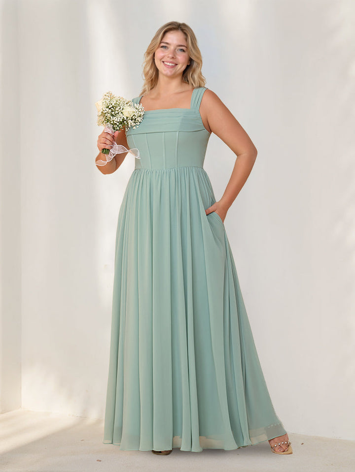 A-Line/Princess Square Neck Sleeveless Floor-Length Chiffon Plus Size Bridesmaid Dresses with Pleats