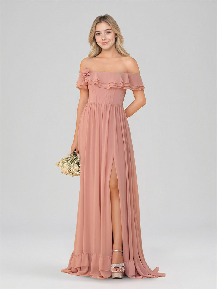 A-Line/Princess Off-the-Shoulder Short Sleeves Floor-Length Bridesmaid Dresses with Split Side & Ruched