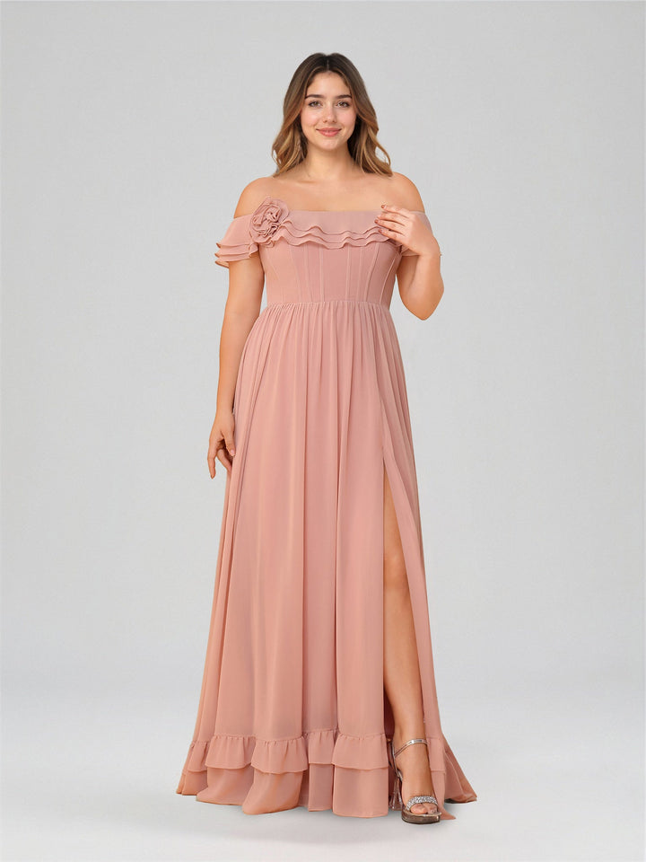 A-Line/Princess Off-the-Shoulder Short Sleeves Floor-Length Plus Size Bridesmaid Dresses with Split Side & Ruched