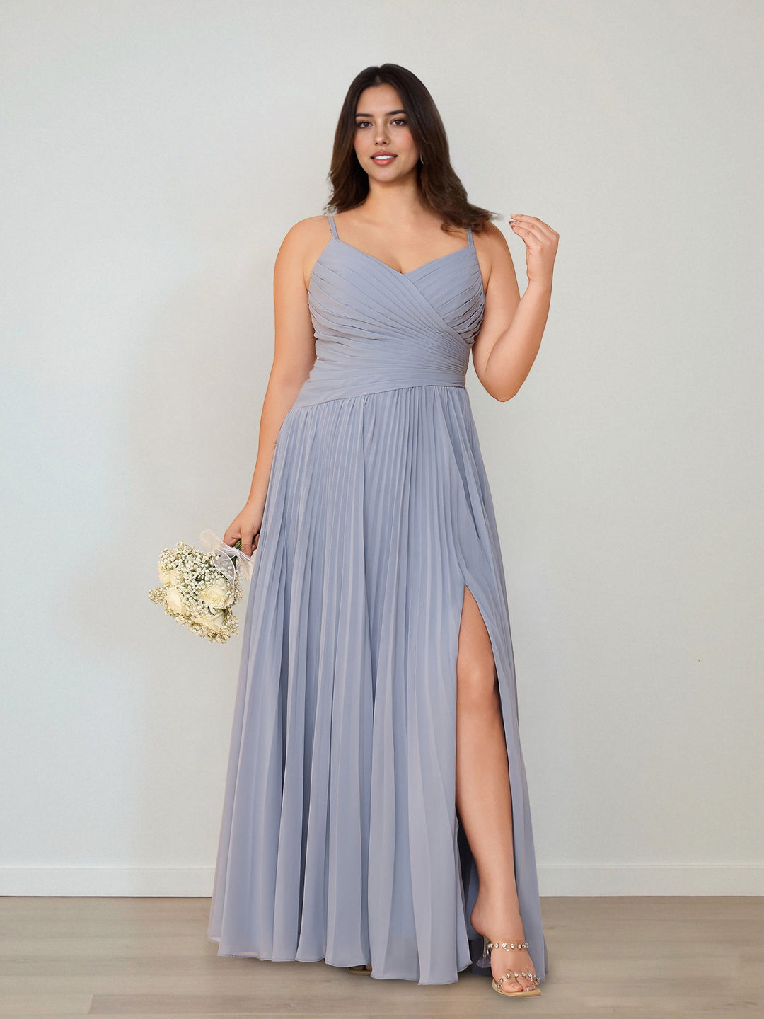 A-Line/Princess V-Neck Spaghetti Straps Sleeveless Floor-Length Plus Size Bridesmaid Dresses with Ruffles & Split Side