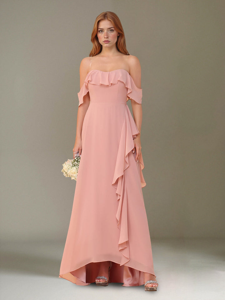 A-Line/Princess Off-the-Shoulder Asymmetrical Chiffon Bridesmaid Dresses with Ruffles