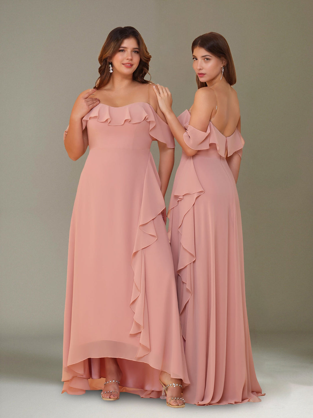A-Line/Princess Off-the-Shoulder Asymmetrical Chiffon Bridesmaid Dresses with Ruffles