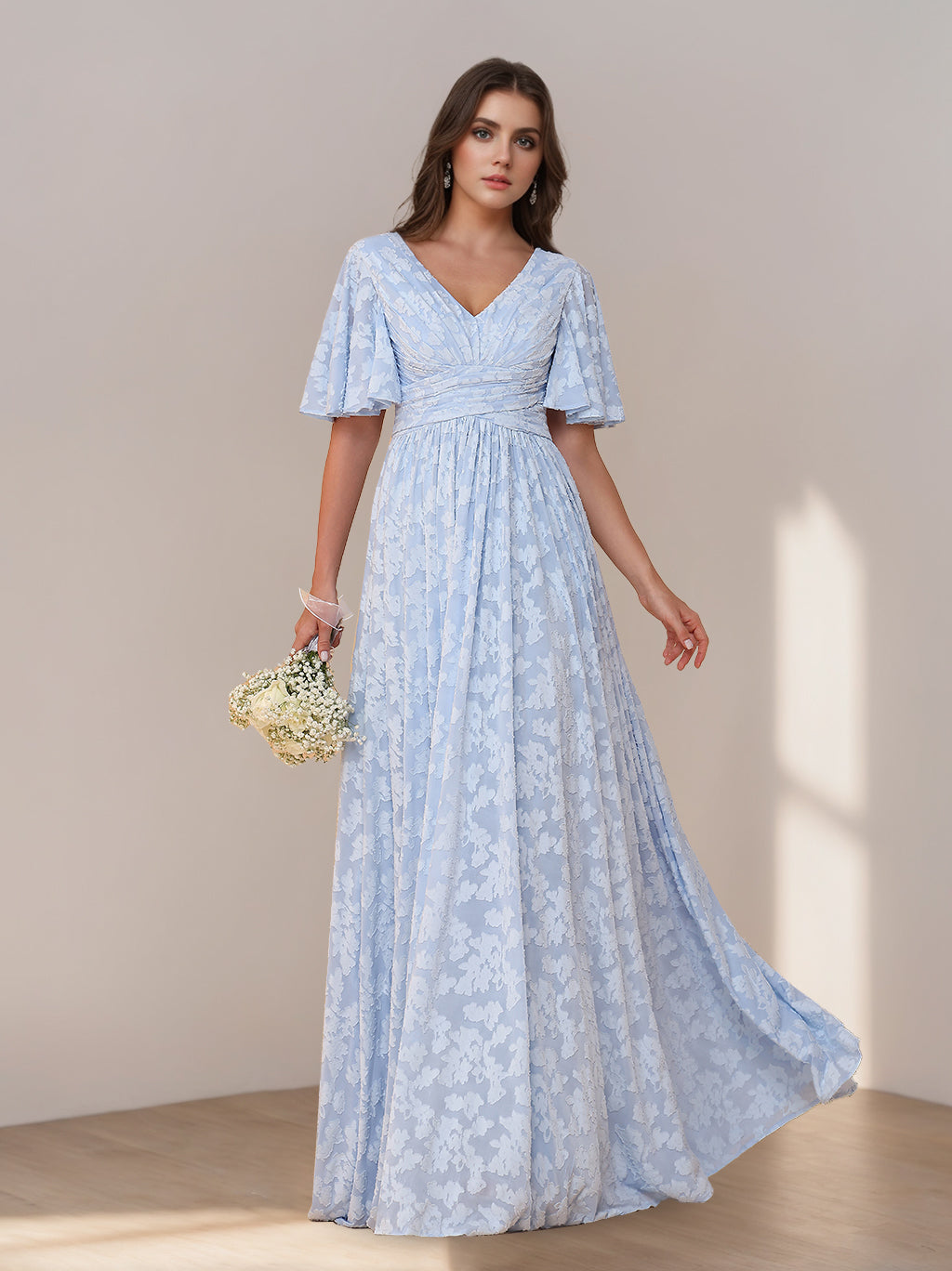 A-Line/Princess V-Neck Short Sleeves Floor-Length Long Bridesmaid Dresses with Ruffles