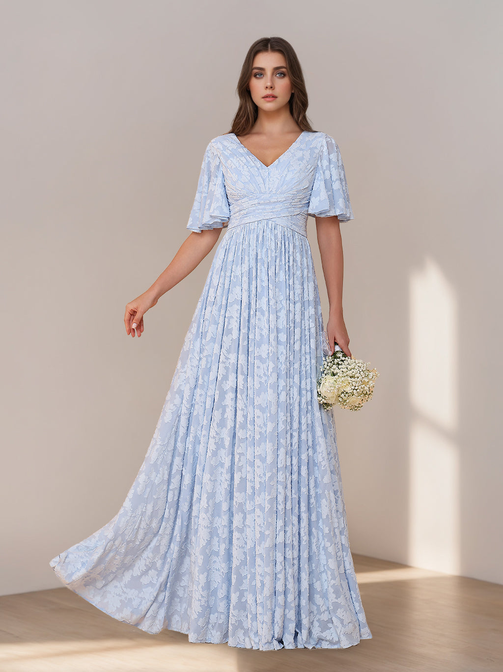 A-Line/Princess V-Neck Short Sleeves Floor-Length Long Bridesmaid Dresses with Ruffles