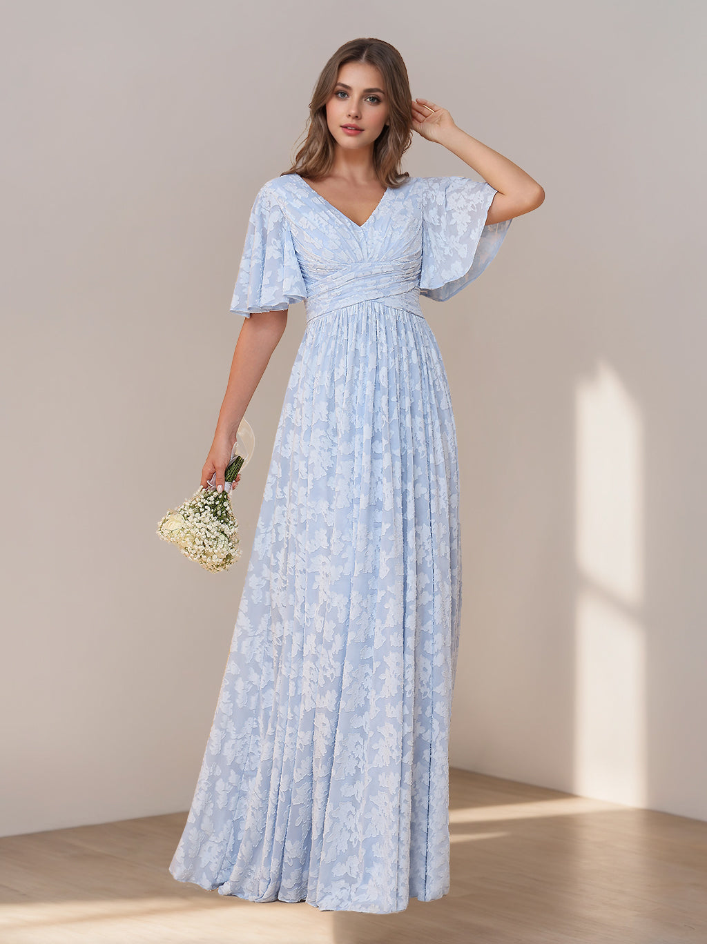 A-Line/Princess V-Neck Short Sleeves Floor-Length Long Bridesmaid Dresses with Ruffles