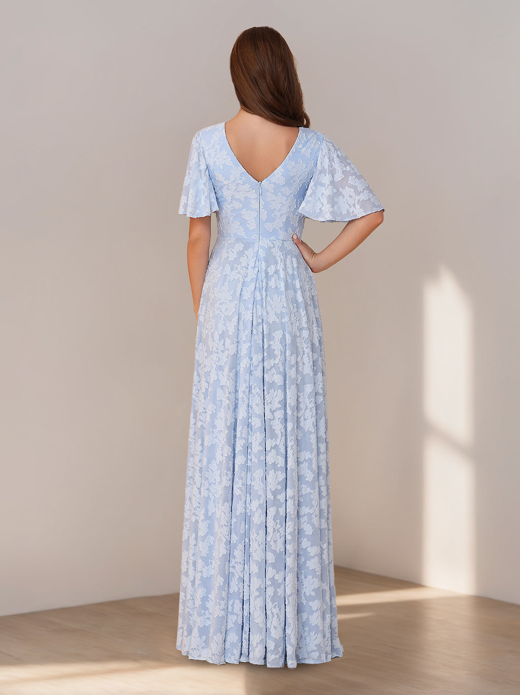 A-Line/Princess V-Neck Short Sleeves Floor-Length Long Bridesmaid Dresses with Ruffles