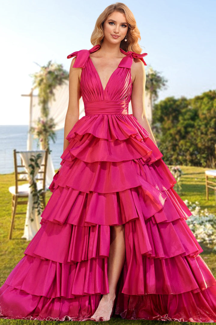 A-Line/Princess V-Neck Formal Dresses Sleeveless Floor-length Evening Party Dresses with Split Side & Ruffles